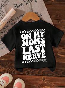 SHEIN Playful Pals 男婴休闲时尚创意标语字母图案印花基本款短袖圆领 T 恤，夏季 - 黑色 - 查看 4