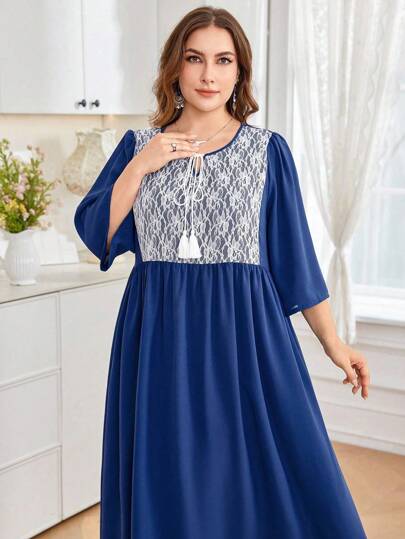 Al Najma 大码女式蕾丝拼布缺口领抽绳 3/4 袖宽松休闲连衣裙，春夏