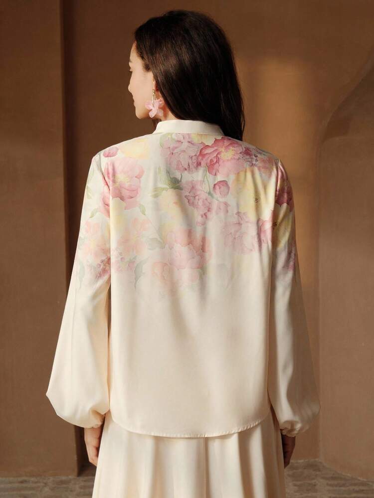 Damska koszula z długim rękawem i nadrukiem w kwiaty na wiosnę/lato, elegancka i modna, z długim rękawem i nadrukiem w stylu francuskim