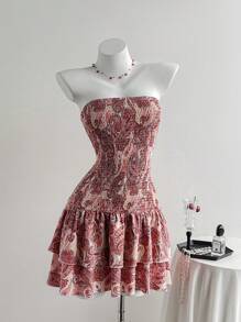 Chiquease 女式全印花休闲度假抹胸连衣裙 - 紅色 - 查看 4