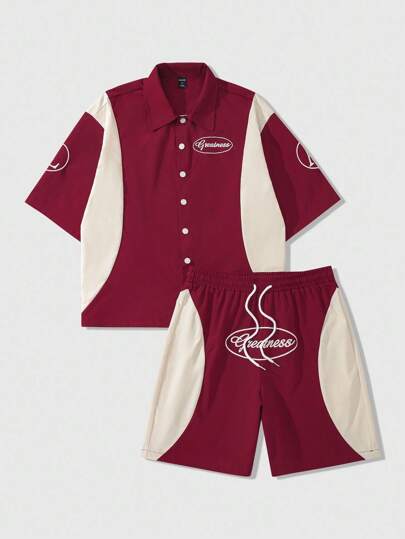 Prep Conjunto de camisa y pantalones cortos de hombre con bloqueo de color y corte recto