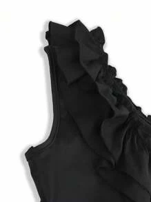 Breezaya 1 套黑色褶皱肩上衣和热带印花阔腿裤，休闲装 - 黑色 - 查看 10