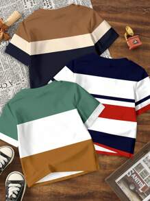 3pcs/Set Baby Boy Casual Short Sleeve Classic Colorblock Graphic Printed T-Shirts,Cool Campus Style, Suitable For Summer Baby Boy Striped Tshirt Baby Boy Color Block Tshirt Baby Boy Graphic Tshirt Toddler Boy Tshirt Baby Boy Summer Tshirt Baby Boy Print Tshirt