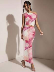 SHEIN BAE 女士不对称领口不对称褶皱紧身两件套，适合夏季/粉色两件套/海滩度假套装/生日派对套装/海岛度假套装