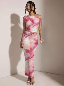 SHEIN BAE 女士不对称领口不对称褶皱紧身两件套，适合夏季/粉色两件套/海滩度假套装/生日派对套装/海岛度假套装