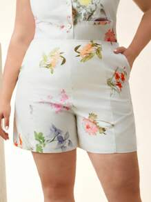Anewsta Plus Size Floral Print Commuting Sophisticated Elegant Casual Shorts