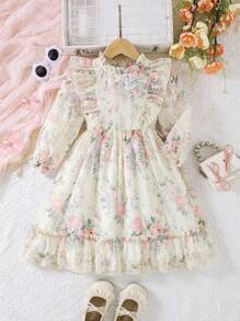 Elladie kids 年轻女孩春季玫瑰印花无袖花卉泡泡裙连衣裙，后拉链开合，百搭可爱的公主裙，适合日常休闲穿着 - 彩色 - 查看 6