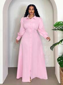 Veslaya Đầm dài dáng suông thanh lịch, màu trơn, tay cánh hoa, cài cúc phía trước, dành cho người có thân hình đầy đặn, thích hợp - Hồng - Xem 9