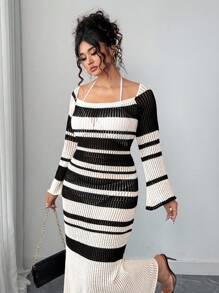 Elenzga Kooky Elegance 系列（Woe Is Me Vibes）（星期三美学）性感镂空拼色条纹长袖针织大码毛衣裙，适合外出、度假、派对，优雅 - 白色 - 查看 4