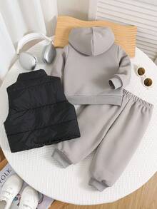 SHEIN 3pcs Baby Boy/Girl Autumn Winter Set,Soft Warm Fleece Hoodie Sweatshirt,Solid Color Casual Pants,Sleeveless Vest With Patch,Black,Modest,Club Style - Multicolor - View 2