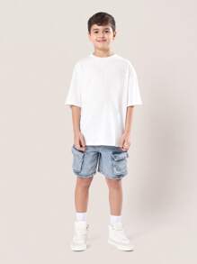 SUMWON Jungen Jeans Cargo Shorts Jugendliche Lässig Sommer Outdoor Abenteuer Locker Sitz Mehrere Taschen Alltagskleidung Komfortabel Spielzeit Unterteil - Helle Waschung - Übersicht 3