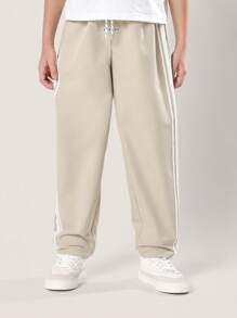 SUMWON 男童运动紧身尼龙运动裤，侧边条纹，休闲舒适，适合春秋季日常穿着，抽绳可调节，时尚有型，适合秋冬季节。 - 卡其色 - 查看 4