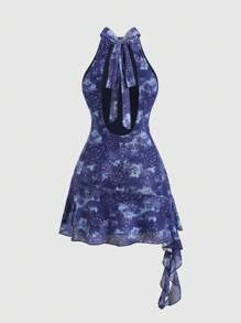 SHEIN Unity 女式薄纱肩带系带露背迷你连衣裙，性感露肩喇叭裙，适合春、夏、秋季 - 彩色 - 查看 2