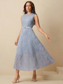 Anewsta Đầm midi không tay thiết kế thanh lịch cho nữ, trang trí hoa nhiều lớp, thắt eo ngọc trai, thích hợp cho mùa xuân, mùa hè, lễ hội, tốt nghiệp - Màu xanh lam - Xem 6