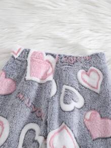 2 件婴幼儿女孩心形印花粉白长袖上衣和罗纹袖口舒适裤子套装，秋冬家居服女婴睡衣女婴心形套装返校时尚 - 彩色 - 查看 4