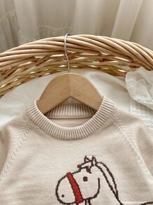 SHEIN 米色幼儿男孩/女孩冬季可爱卡通动物嵌花针织柔软圆领毛衣上衣和裤子 2 件套