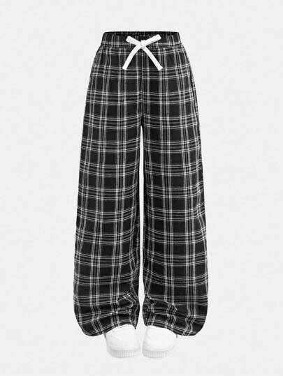 SHEIN Girlism Black And White Casual Long Plaid Pants For Tween Girls With Comfortable Cotton Blend Material, Back To School Girls Checkered Pants Black And White Plaid Pants Tween Girls Plaid Pants Tween Girls Black And White Wide Leg Pants Tween Girls Black And White Pants Fall Winter