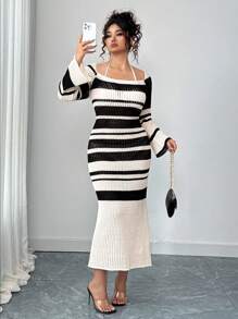 Elenzga Kooky Elegance 系列（Woe Is Me Vibes）（星期三美学）性感镂空拼色条纹长袖针织大码毛衣裙，适合外出、度假、派对，优雅 - 白色 - 查看 8