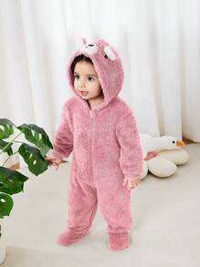 Newborn Baby Unisex Plush Bear Ear Animal Hooded Zipper Footed Jumpsuit Fall Winter - Pink - View 2