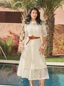 Anewsta 女士衬衫领镂空花卉蕾丝格子连衣裙，情人节，夏季海滩度假，新年装，春季，约会之夜 - 杏色 - 查看 8