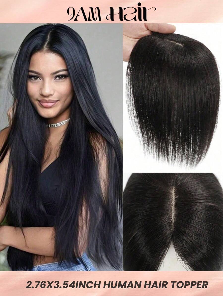 絲基底部處女人髮頂部自然黑色髮片空氣瀏海7*9cm直頂髮