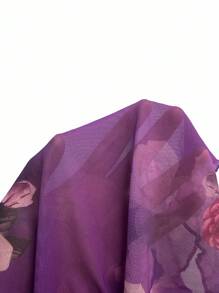 Rafferiza 休闲性感度假风格花卉网眼蝴蝶结不对称荷叶边下摆长袖伊比沙岛女式 T 恤 - 紫色 - 查看 4