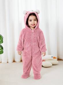 Newborn Baby Unisex Plush Bear Ear Animal Hooded Zipper Footed Jumpsuit Fall Winter - Pink - View 5