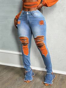 Slaydiva Plus Size Blue Denim Casual Skinny Flare Jeans Summer Outfits For Women Pants Jeans Women Y2k Cowgirl Outfits For Women Contrast Color Ripped Flared Trousers Women Low Rise Jeans Pants For Women Summer Pants Plus Size Jeans