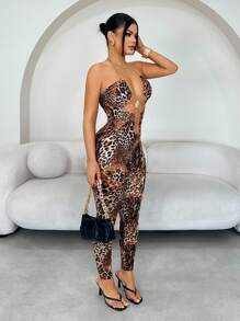 SHEIN SXY Bộ đồ liền thân in họa tiết da báo và xích kim loại rỗng gợi cảm - Nhiều màu - Xem 5