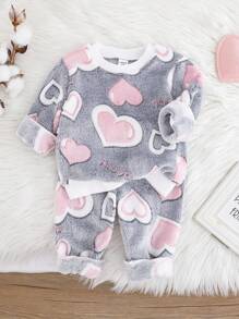 2 件婴幼儿女孩心形印花粉白长袖上衣和罗纹袖口舒适裤子套装，秋冬家居服女婴睡衣女婴心形套装返校时尚 - 彩色 - 查看 8