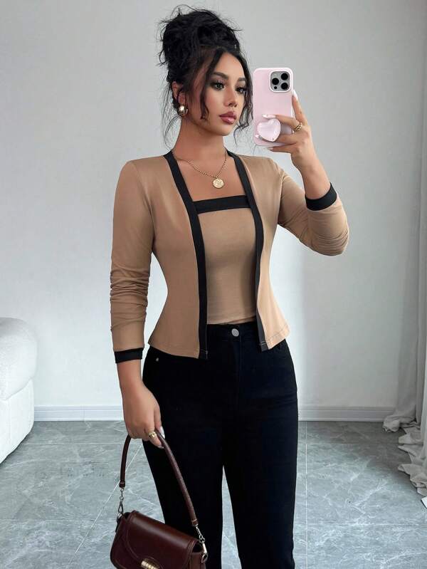 Elenzga 2pcs Women Color Block Elegant Open Front Long Sleeve Top & Camisole Set