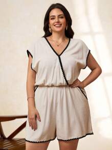 SHEIN Clasi جمبسوت نسائي بمقاس كبير للصيف بياقة على شكل حرف V وأكمام خفاشية، كاجوال أنيق بألوان متباينة وحافة صدفية، أسود، ملابس يومية للعطلات وملابس عمل كاجوال - لون مشمشي - مشاهدة 5