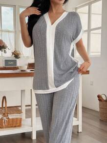 Lazeform 2 件套女士针织休闲拼色 V 领短袖上衣和裤子家居服套装 - 灰色 - 查看 7