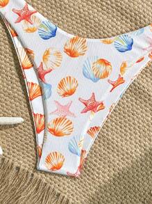 Swim Mod 2pcs/Set Summer Beach Vacation Random Ripple Pattern Textured Fabric Gold Starfish Decor Halter Bra Top & High Cut Bikini Bottoms Sexy Swimsuit - Multicolor - View 6