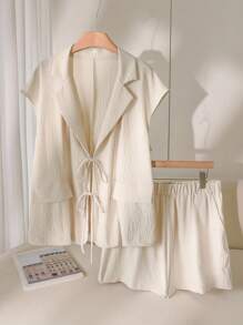 CosyJoli Plus Size Women Summer Solid Color Textured Front Tie Batwing Sleeve Blazer And Shorts Set,Teacher Outfits For Women