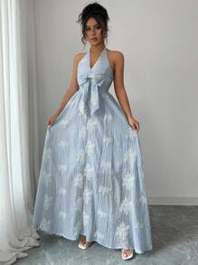 Elenzga Women's Floral Jacquard Knotted Front Sleeveless Midi Dress, Random Print