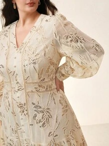 Anewsta Women's Elegant Vacation V-Neck Long Sleeve Hollow Dress With Sequin Texture - Apricot - View 4