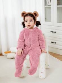 Newborn Baby Unisex Plush Bear Ear Animal Hooded Zipper Footed Jumpsuit Fall Winter - Pink - View 4