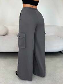 SHEIN SXY Pantalon cargo ample à jambes larges et poches à rabat de couleur unie pour femmes, pantalon à jambes larges pour femmes, pantalon gris, pantalon ample pour femmes, pantalon décontracté pour femmes, enseignante, Y2K, sortie, décontracté d'affaires, bureau - Gris - Voir 2