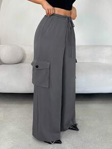SHEIN SXY Pantalon cargo ample à jambes larges et poches à rabat de couleur unie pour femmes, pantalon à jambes larges pour femmes, pantalon gris, pantalon ample pour femmes, pantalon décontracté pour femmes, enseignante, Y2K, sortie, décontracté d'affaires, bureau - Gris - Voir 3