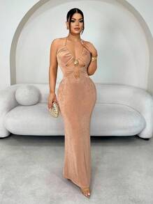 SHEIN SXY 女式修身吊带链条镂空性感加长连衣裙 - 杏色 - 查看 5