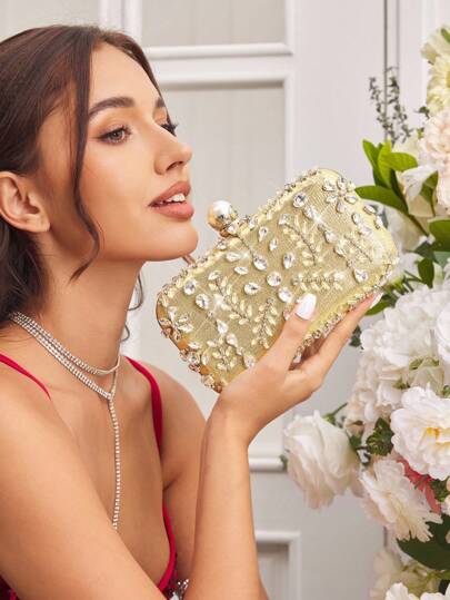 SHEIN Belle 女士晚宴包，金色手拿包，时尚，奢华，珍珠，钻石，适合新娘，伴娘，婚礼宾客，蜜月，舞会，婚礼，俱乐部，约会，晚会，约会之夜