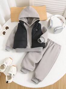 SHEIN 3pcs Baby Boy/Girl Autumn Winter Set,Soft Warm Fleece Hoodie Sweatshirt,Solid Color Casual Pants,Sleeveless Vest With Patch,Black,Modest,Club Style - Multicolor - View 4