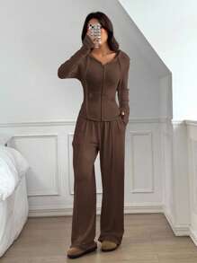 SHEIN EZwear 女士休闲咖啡棕色抽绳连帽衫和裤子套装 - 咖啡棕 - 查看 5