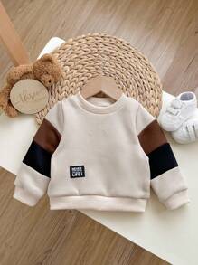 男婴休闲可爱舒适针织袖拼接圆领长袖运动衫，适合外出、上学、日常聚会、秋冬季 - 彩色 - 查看 4