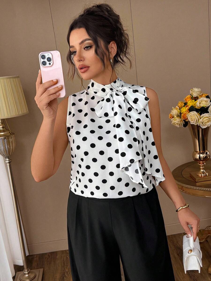 SHEIN Clasi Plate-Size Women's Vacation And Leisure Polka Dot Summer Two Pieces Set - Black and White - View 1