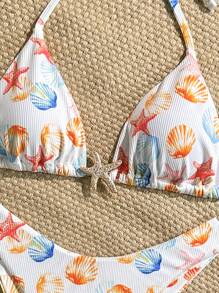 Swim Mod 2pcs/Set Summer Beach Vacation Random Ripple Pattern Textured Fabric Gold Starfish Decor Halter Bra Top & High Cut Bikini Bottoms Sexy Swimsuit - Multicolor - View 4