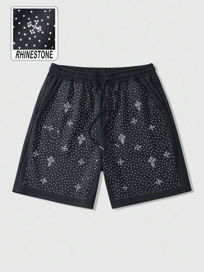 Goth Herren weit geschnittene Shorts mit funkelnden Strass-Kreuz-Muster