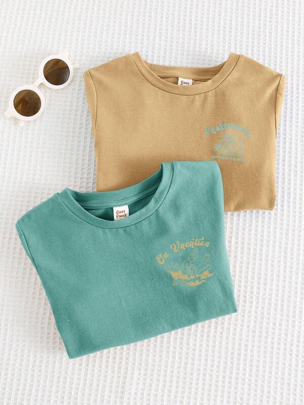 Cozy Pixies 2pcs Young Boy Cartoon Animal Print Soft Knit Crew Neck Short Sleeve Pullover Outfit