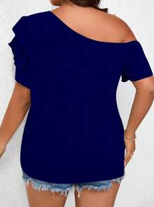 EMERY ROSE Áo thun trơn cổ bẻ bất đối xứng cỡ lớn cho nữ - Màu xanh hải quân - Xem 2